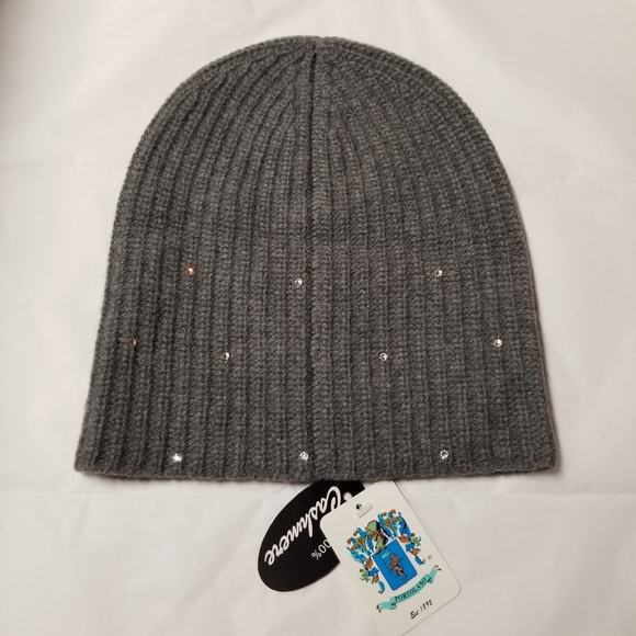 Portolano Crystal-Embellished Cashmere Ribbed Beanie Hat, Heather Grey, OS, NWT - Picture 2 of 5